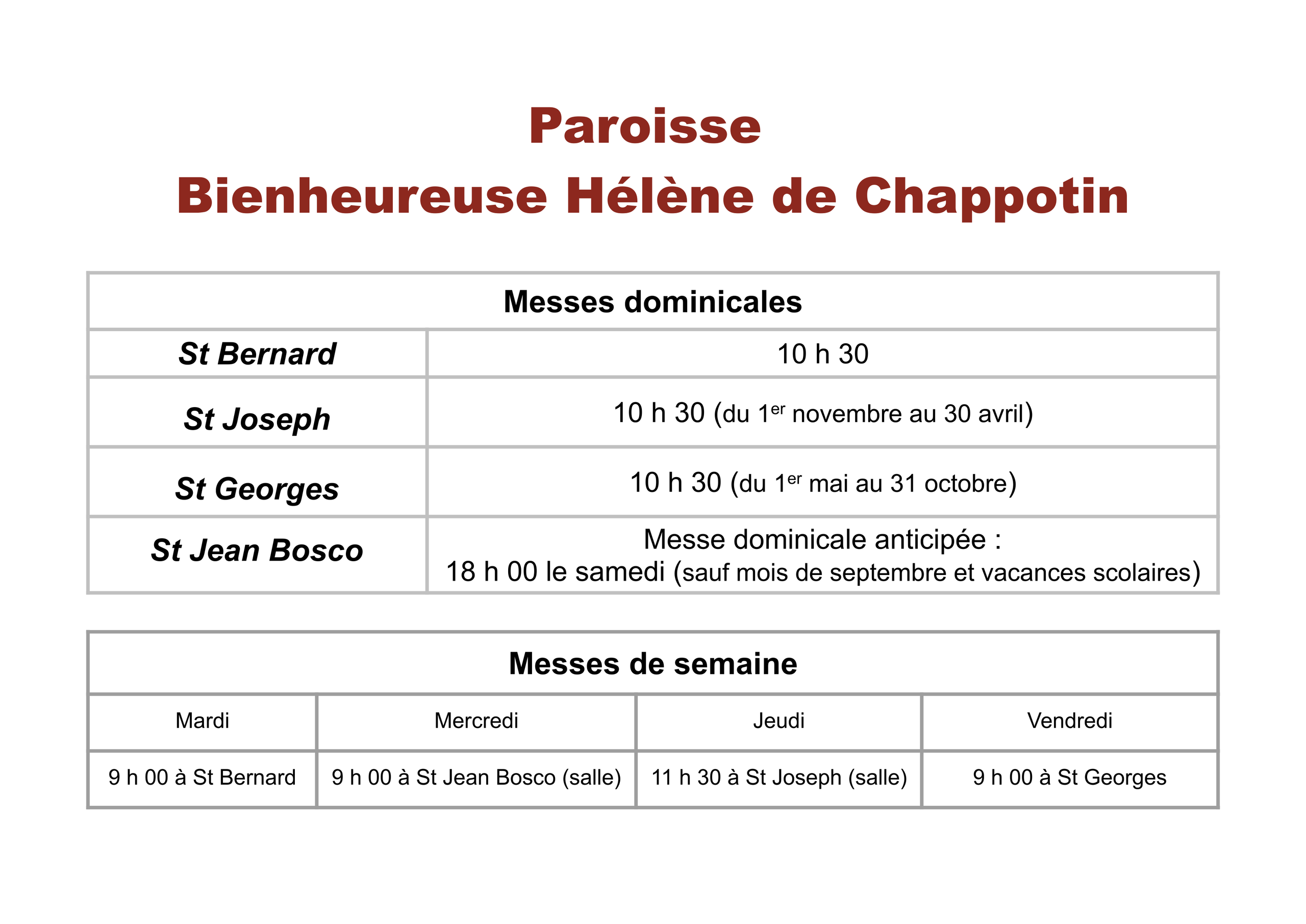 Horaires des messes